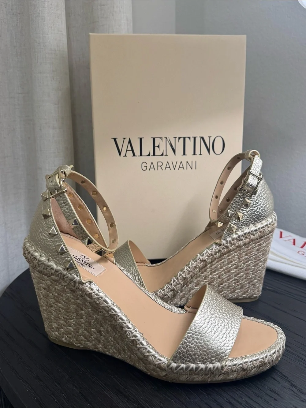 Valentino Garavani Rockstud Espadrille Wedge Sandals Gold 40